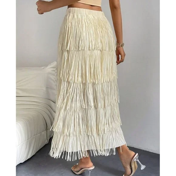 High Waist Fringe Trim Skirt Cream - Picture 3 of 5